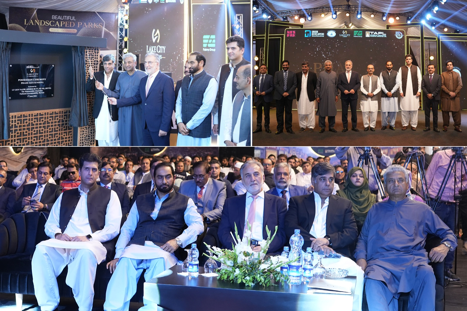 Officials and consortium representatives at Lake City Meadows Phase 1 Extension handover ceremony, including Chairman NAB Lt. Gen. (R) Nazir Ahmed Butt, project developers, and plot owners, marking the formal commencement of possession for residential plots.