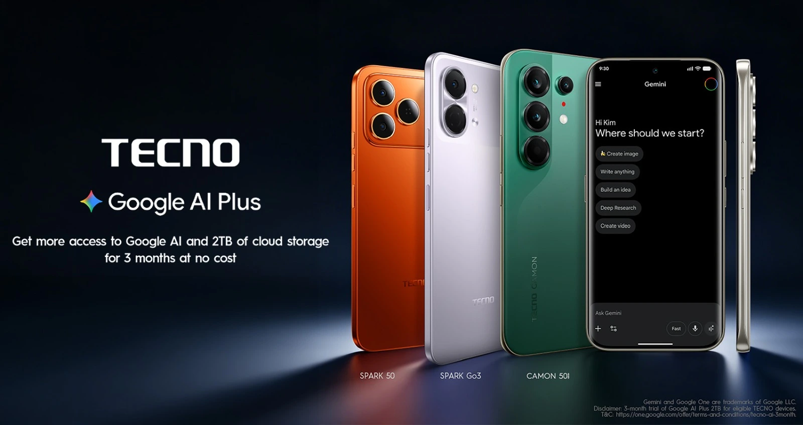 A lineup of TECNO smartphones including SPARK 50, SPARK Go3, and CAMON 50i, showing the Google AI Plus interface on one phone, highlighting the 3-month free trial with 2 TB cloud storage and AI-powered features for eligible devices.