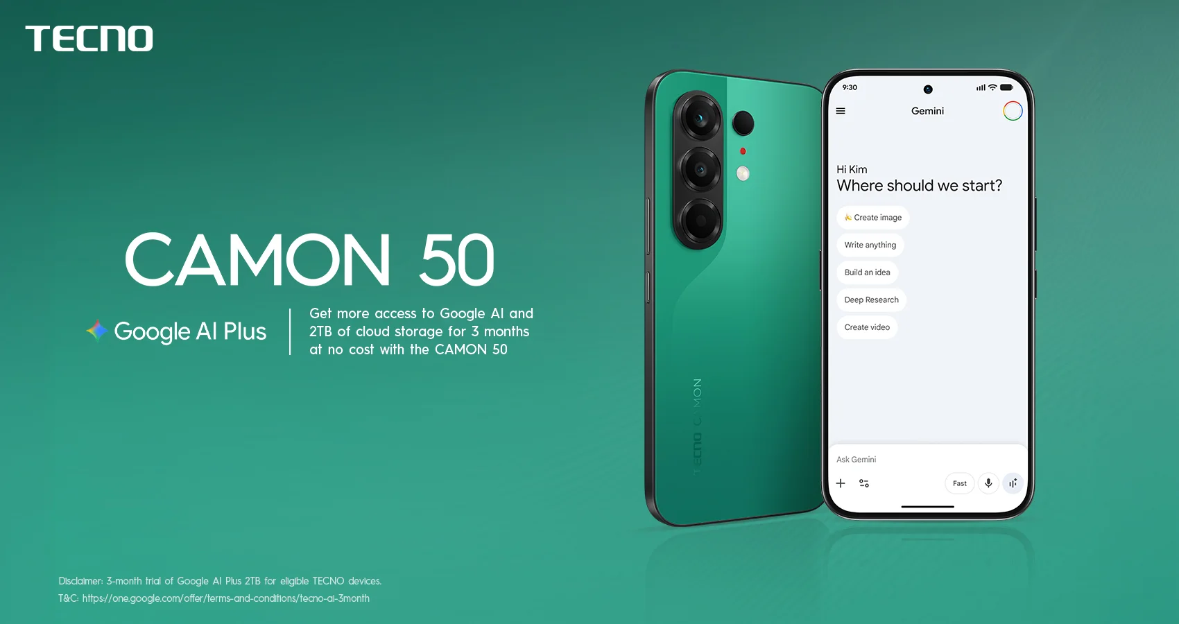 TECNO CAMON 50 displayed with Google AI Plus, highlighting three months of AI access and 2TB cloud storage at no cost for eligible users.
