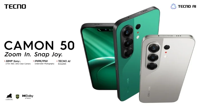 TECNO CAMON 50 smartphone shown with 50MP Sony camera, IP69K/IP68 protection and TECNO AI features, highlighting its premium all-rounder smartphone capabilities.