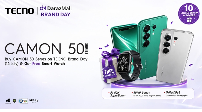 TECNO CAMON 50 Series available on Daraz Brand Day with exclusive discounts and free smartwatch offer in Pakistan