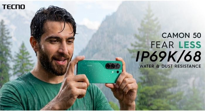 Man using TECNO CAMON 50 in the rain, highlighting its IP68/IP69K water and dust resistance for monsoon photography and outdoor content creation.