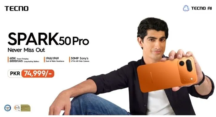 TECNO SPARK 50 Pro smartphone launched in Pakistan with 60W Super Charge, 6000mAh battery, IP68/IP69 protection, 50MP Sony camera and PKR 74,999 price.
